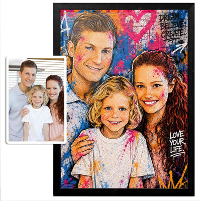 Portrait street art graffiti d'après votre photo, graffitis colorés et mots tagués, présenté en cadre noir à côté de la photo d'origine, puis livré chez vous (exemple)