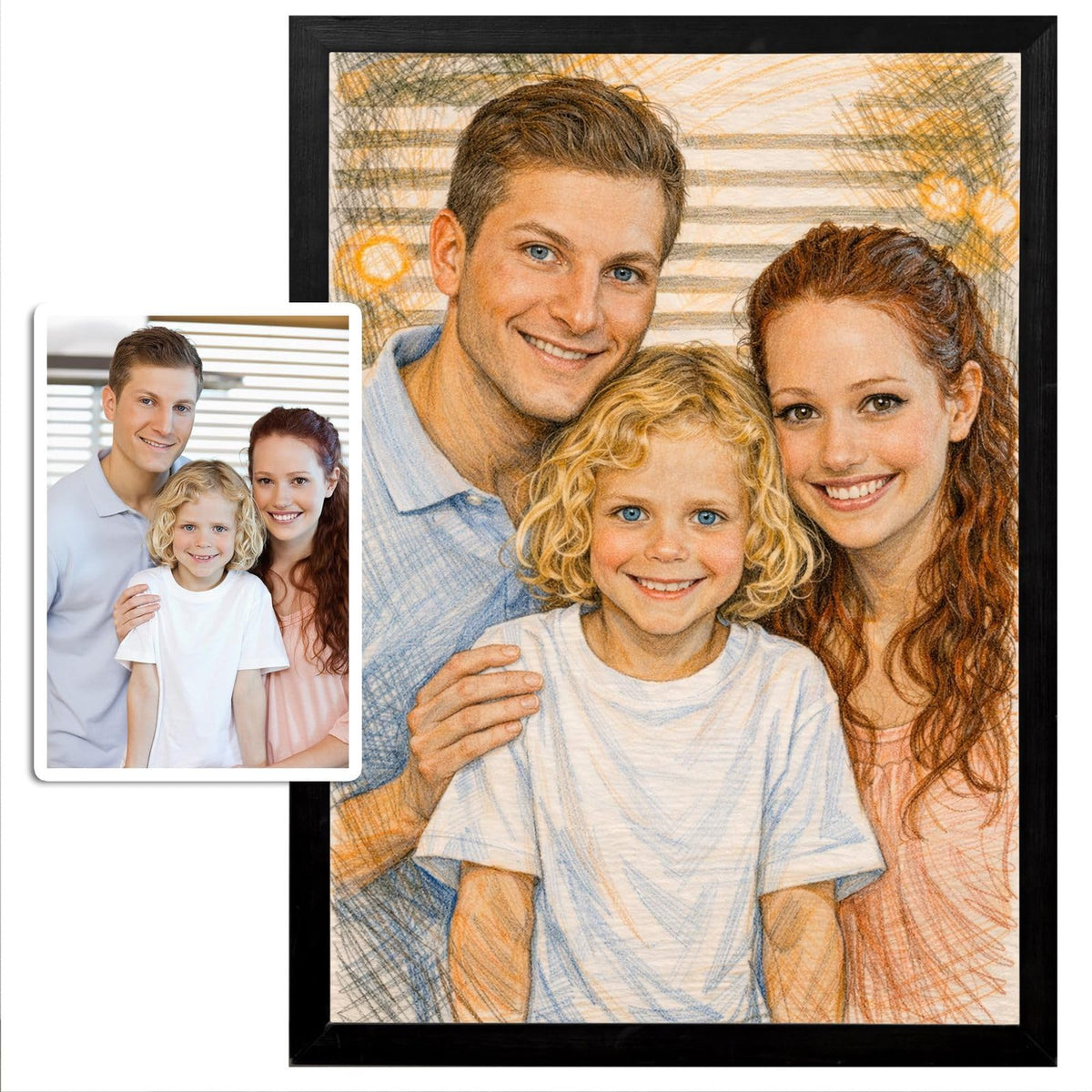 Portrait au crayon de couleur d'après votre photo, lumière dorée et hachures bleues, présenté en cadre noir à côté de la photo d'origine, puis livré chez vous (exemple)