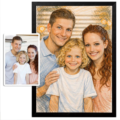 Portrait au crayon de couleur d'après votre photo, lumière dorée et hachures bleues, présenté en cadre noir à côté de la photo d'origine, puis livré chez vous (exemple)