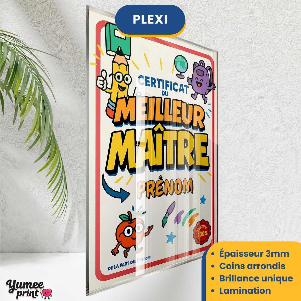 Certificat du meilleur maître sur plexiglas de 3 mm aux coins arrondis, finition brillante, avec son prénom et votre signature, livré chez vous (exemple)