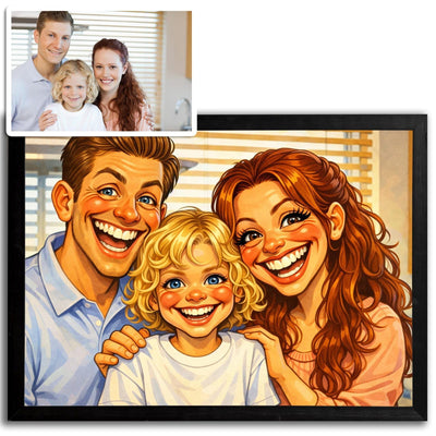 Votre photo transformée en caricature couleur façon caricaturiste de rue, grands sourires et joues rosées, présentée en cadre noir paysage, imprimée puis livrée chez vous (exemple)