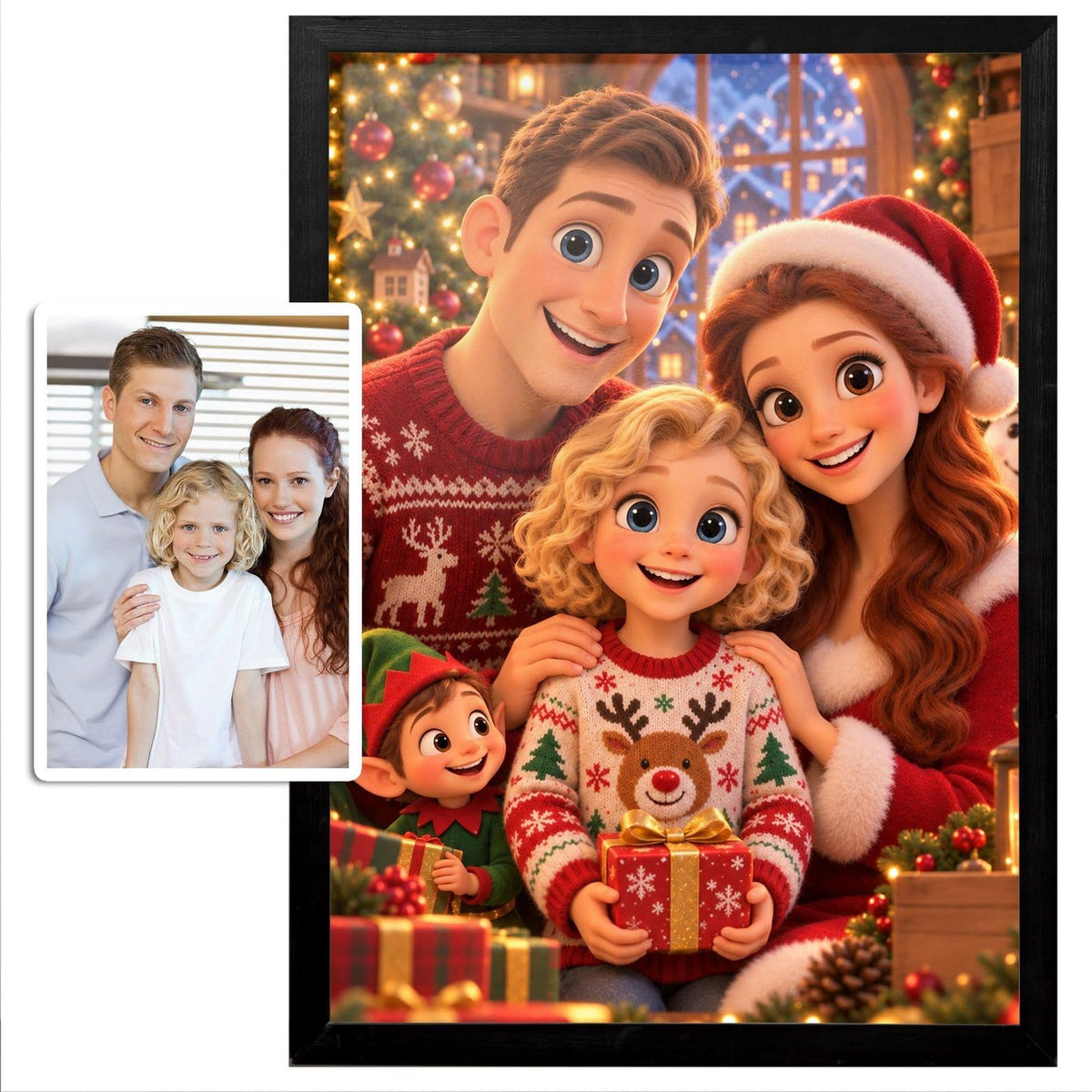 La photo d'origine en vignette et sa version de Noël en dessin animé 3D, pulls jacquard, bonnet et paquets cadeaux, encadrée de noir à la verticale, livrée chez vous (exemple)