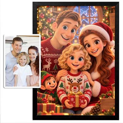 La photo d'origine en vignette et sa version de Noël en dessin animé 3D, pulls jacquard, bonnet et paquets cadeaux, encadrée de noir à la verticale, livrée chez vous (exemple)