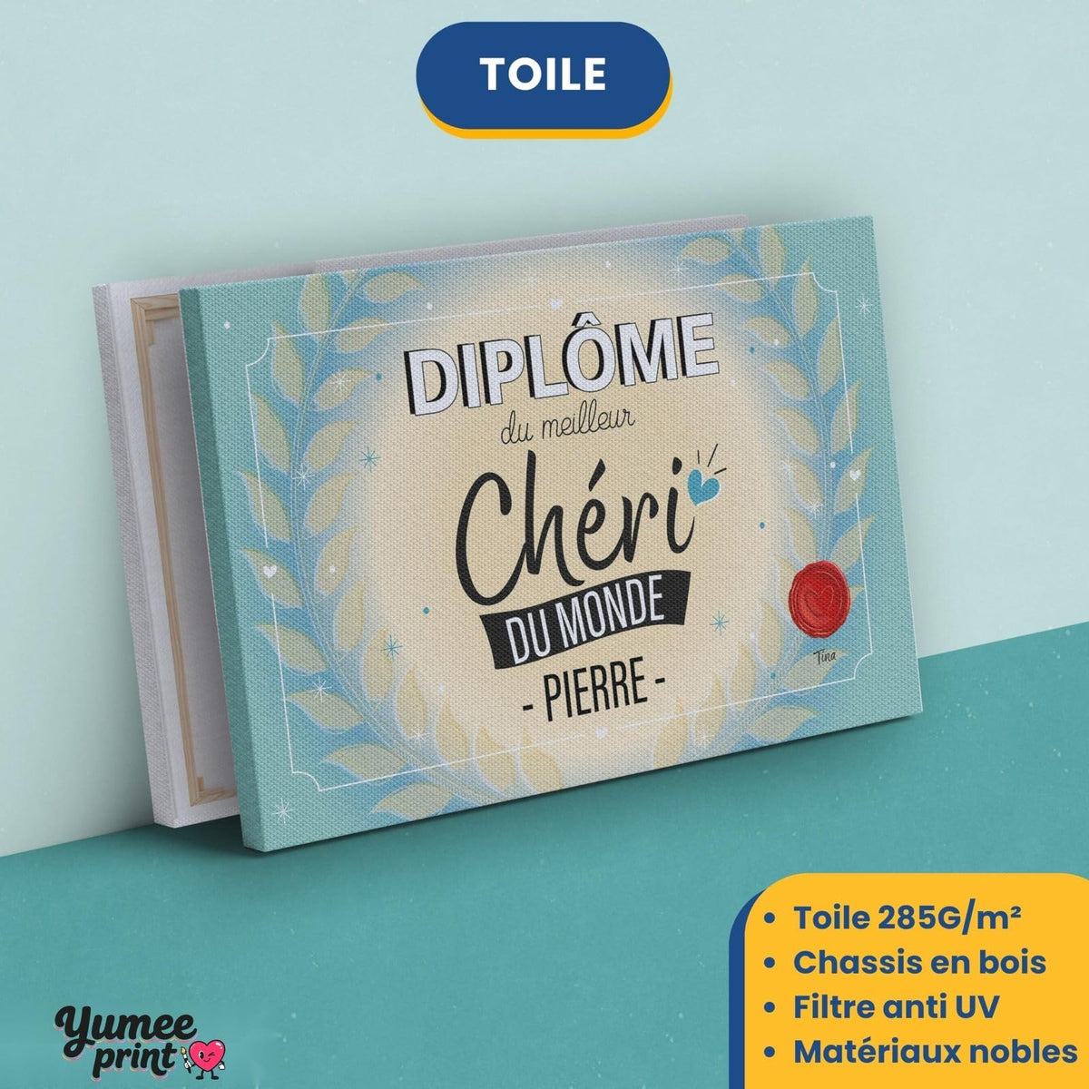 Diplôme « du meilleur chéri du monde » sur toile canvas tendue sur châssis en bois, avec son prénom et votre signature, imprimé puis livré chez vous (exemple)