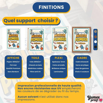 Certificat du meilleur plombier en quatre finitions : affiche (poster), toile canvas, plexiglas ou cadre ; le cadre existe en noir, blanc, bois clair ou bois foncé, livré chez vous (exemple)
