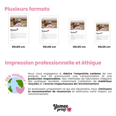 Affiche Maman façon définition en quatre formats : 80 x 60 cm, 60 x 40 cm, 40 x 30 cm et 30 x 20 cm, avec votre photo et vos définitions, livrée chez vous (exemple)