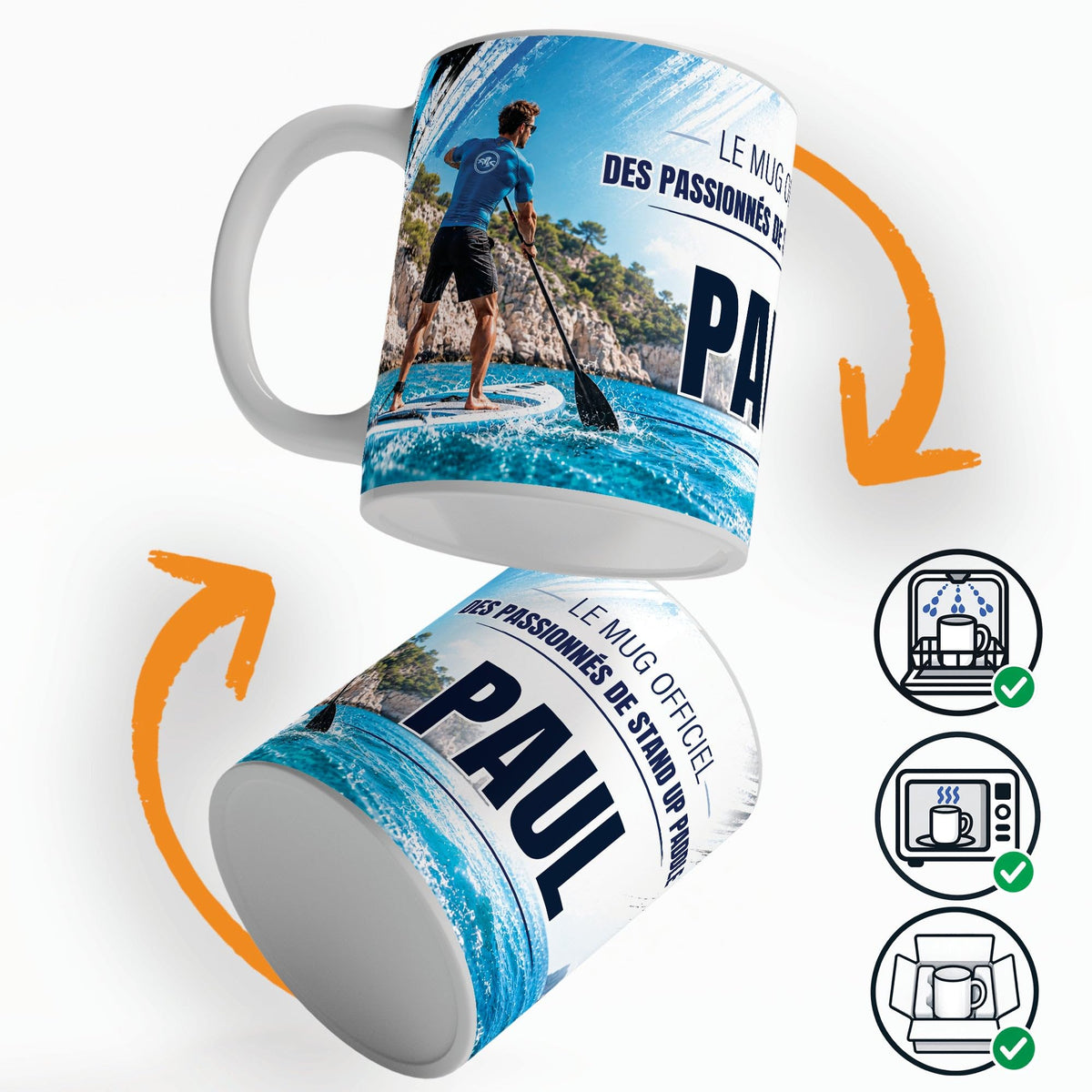 Mug stand up paddle vu sous deux angles, prénom et texte au choix ; compatible lave-vaisselle et micro-ondes, expédié calé dans une boîte en carton jusque chez vous (exemple)