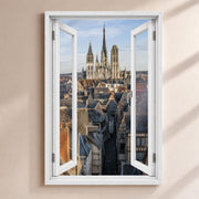 Trompe-l'œil sur Rouen : la cathédrale Notre-Dame et les toits du vieux Rouen, par une fenêtre blanche ouverte, sur toile canvas tendue ou plexiglas, livré chez vous (exemple)
