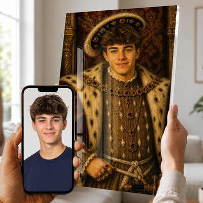 Portrait d'apparat en seigneur de la Renaissance sur plexiglas brillant : pourpoint doré et bijoux, votre visage gardé d'après votre photo, imprimé puis livré chez vous (exemple)