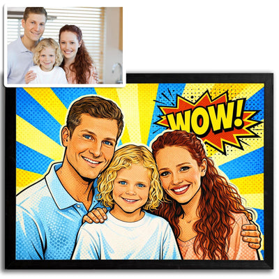 Portrait pop art d'après votre photo, contours noirs et couleurs franches, présenté en cadre noir paysage à côté de la photo d'origine, livré chez vous (exemple)