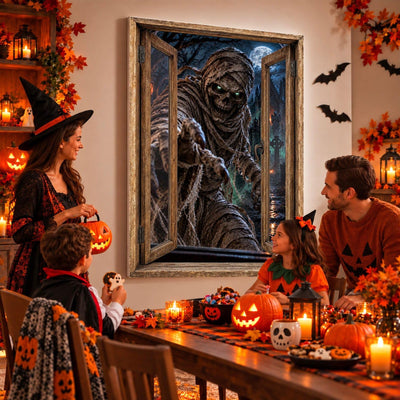 Idée d'usage : un goûter d'Halloween devant la momie au rictus de squelette, sur toile ou plexiglas en 60 x 40 cm, 80 x 60 cm ou 120 x 80 cm, fenêtre au choix, livré (exemple)