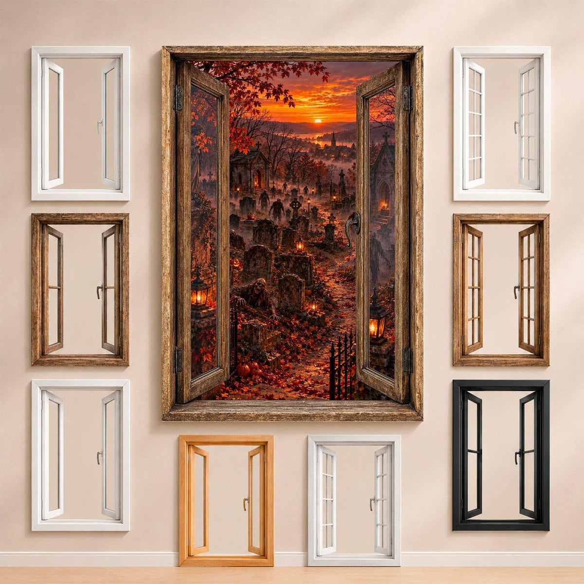 Le cimetière hanté au soleil couchant, ses tombes et ses lanternes, entouré des fenêtres au choix : bois, PVC blanc, à carreaux, alu noir ou sans fenêtre, décor livré sur toile ou plexiglas (exemple)