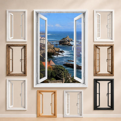 La vue sur Biarritz et les styles de fenêtre proposés pour l'encadrer : bois, PVC blanc, alu noir ou sans fenêtre, imprimée sur toile ou plexiglas puis livrée (exemple)