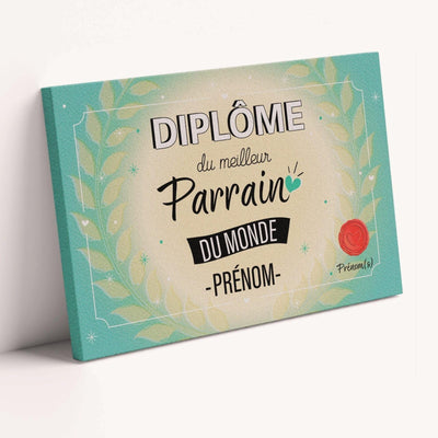 Diplôme humoristique « du meilleur parrain du monde » à son prénom, façon parchemin turquoise avec sceau rouge, sur toile canvas ; prénom et signature au choix, livré chez vous (exemple)
