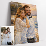 Création personnalisée : vous envoyez votre photo, elle devient un portrait à la peinture à l'huile, touches de pinceau et lumière dorée, imprimé sur toile canvas puis livré chez vous (exemple)