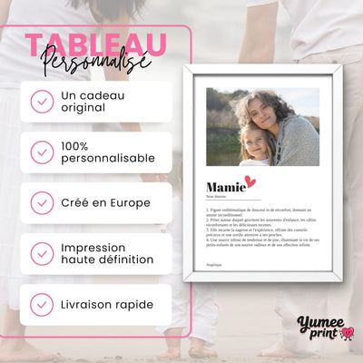 Affiche Mamie façon définition en cadre blanc : un cadeau original et personnalisable, votre photo et vos définitions imprimées en haute définition, livrées chez vous (exemple)