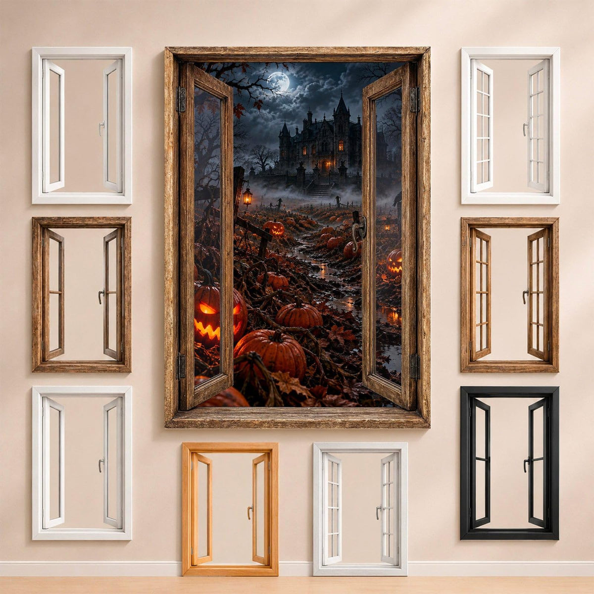 Le champ de citrouilles grimaçantes et son manoir dans la brume, entouré des fenêtres au choix : bois, PVC blanc, à carreaux, alu noir ou sans fenêtre, décor livré sur toile ou plexiglas (exemple)