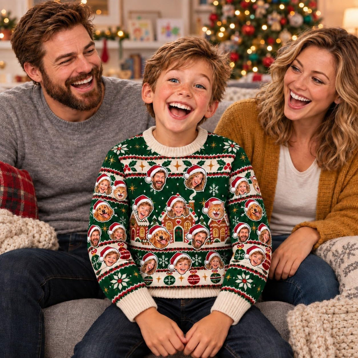 Sweat de Noël enfant vert sapin à visages porté au salon pendant les fêtes, un exemple d'usage : de 1 à 8 visages, une photo par personne ou animal, livré chez vous (exemple)