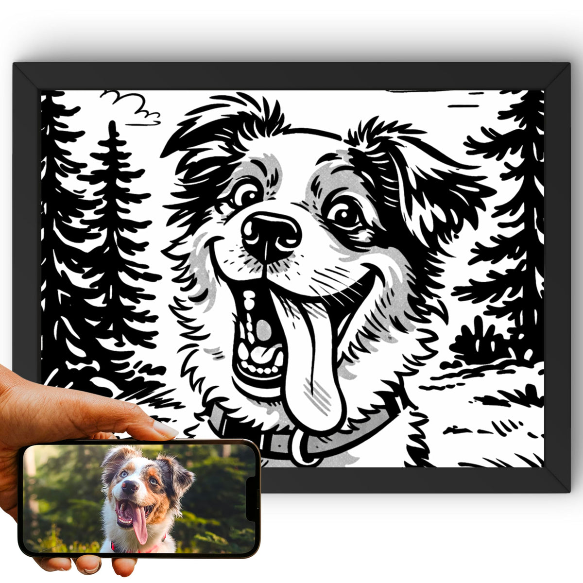 Portrait chien d'après photo, styles BD — Caricature Noir et Blanc