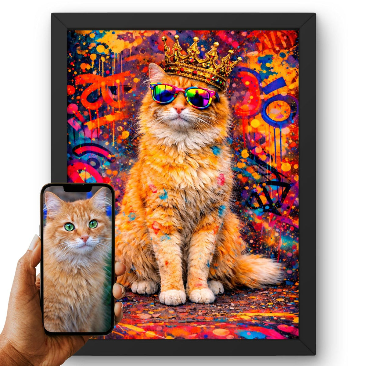 Création personnalisée : la photo de votre chat devient un portrait street art graffiti, taches de peinture, couronne et lunettes, imprimé en cadre noir et livré chez vous (exemple)