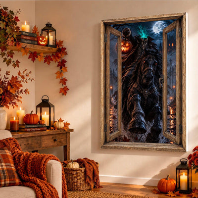 Dans un salon décoré de feuilles d'automne, le cheval du cavalier sans tête semble jaillir du mur en trompe-l'œil, sur toile tendue, toile premium sur châssis de 4 cm ou plexiglas, livré (exemple)