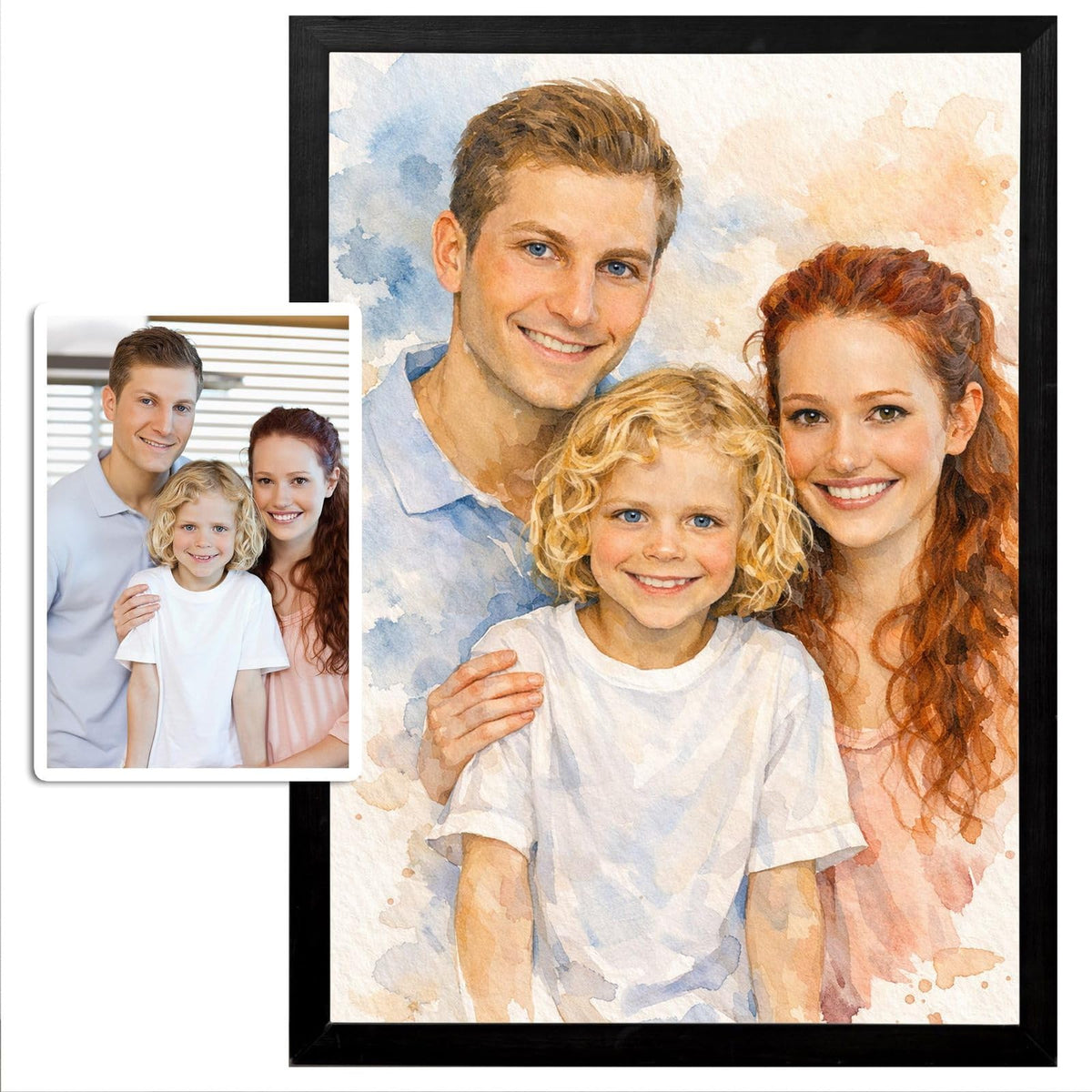 Portrait à l'aquarelle d'après votre photo, lavis légers et papier texturé, présenté en cadre noir à côté de la photo d'origine, puis livré chez vous (exemple)