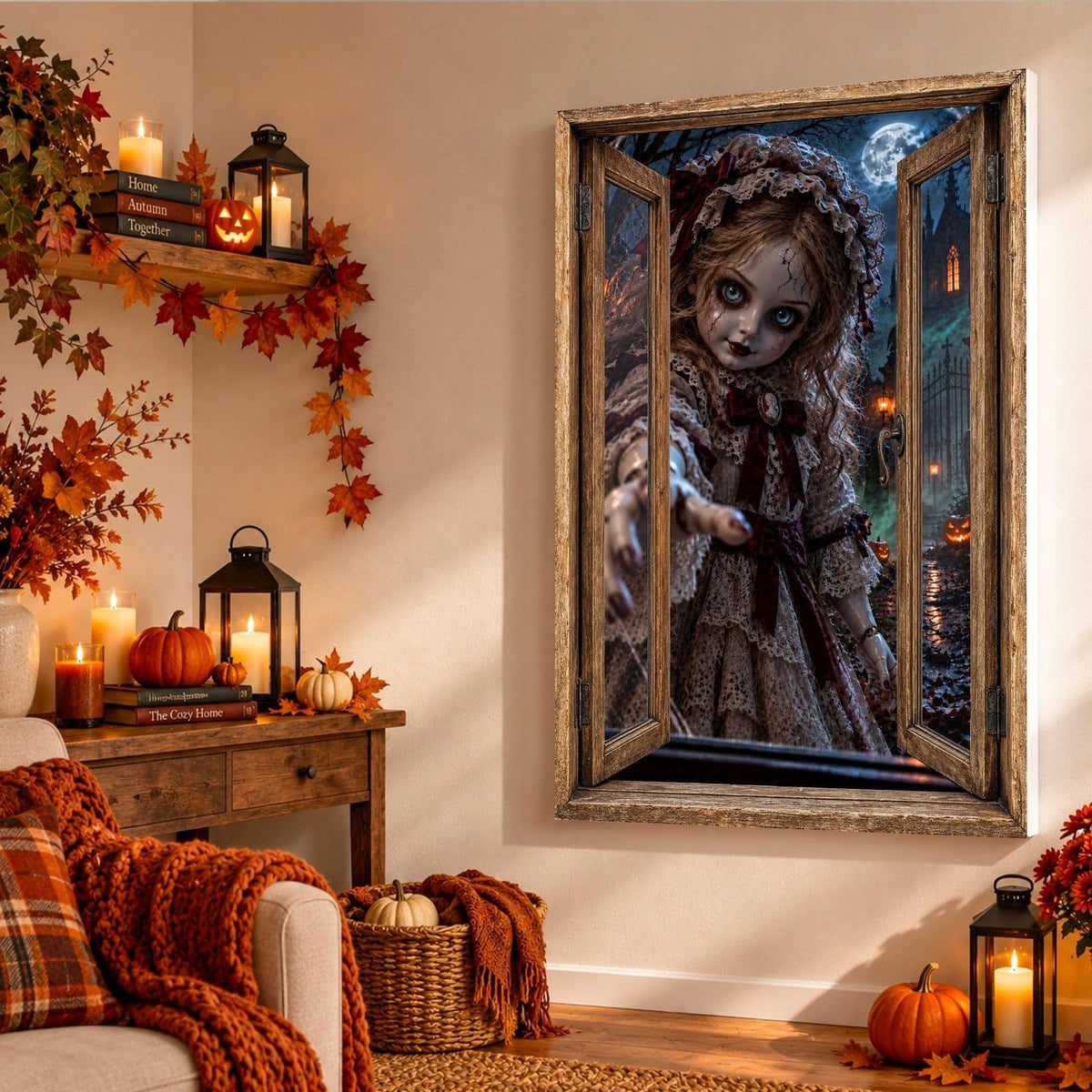 Dans un salon d'automne, la poupée ancienne aux yeux bleus et au visage fêlé tend le bras en trompe-l'œil, sur toile tendue, toile premium sur châssis de 4 cm ou plexiglas, décor livré (exemple)