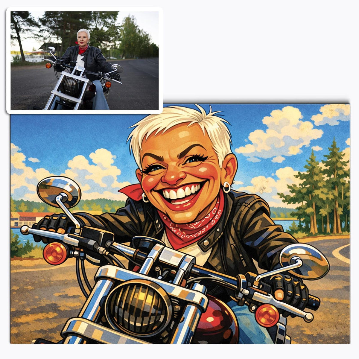 Caricature drôle en couleur d'après votre photo, décor ensoleillé et traits exagérés façon caricaturiste de rue, imprimée en affiche (poster) au format paysage et livrée chez vous (exemple)
