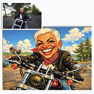 Caricature drôle en couleur d'après votre photo, décor ensoleillé et traits exagérés façon caricaturiste de rue, imprimée en affiche (poster) au format paysage et livrée chez vous (exemple)