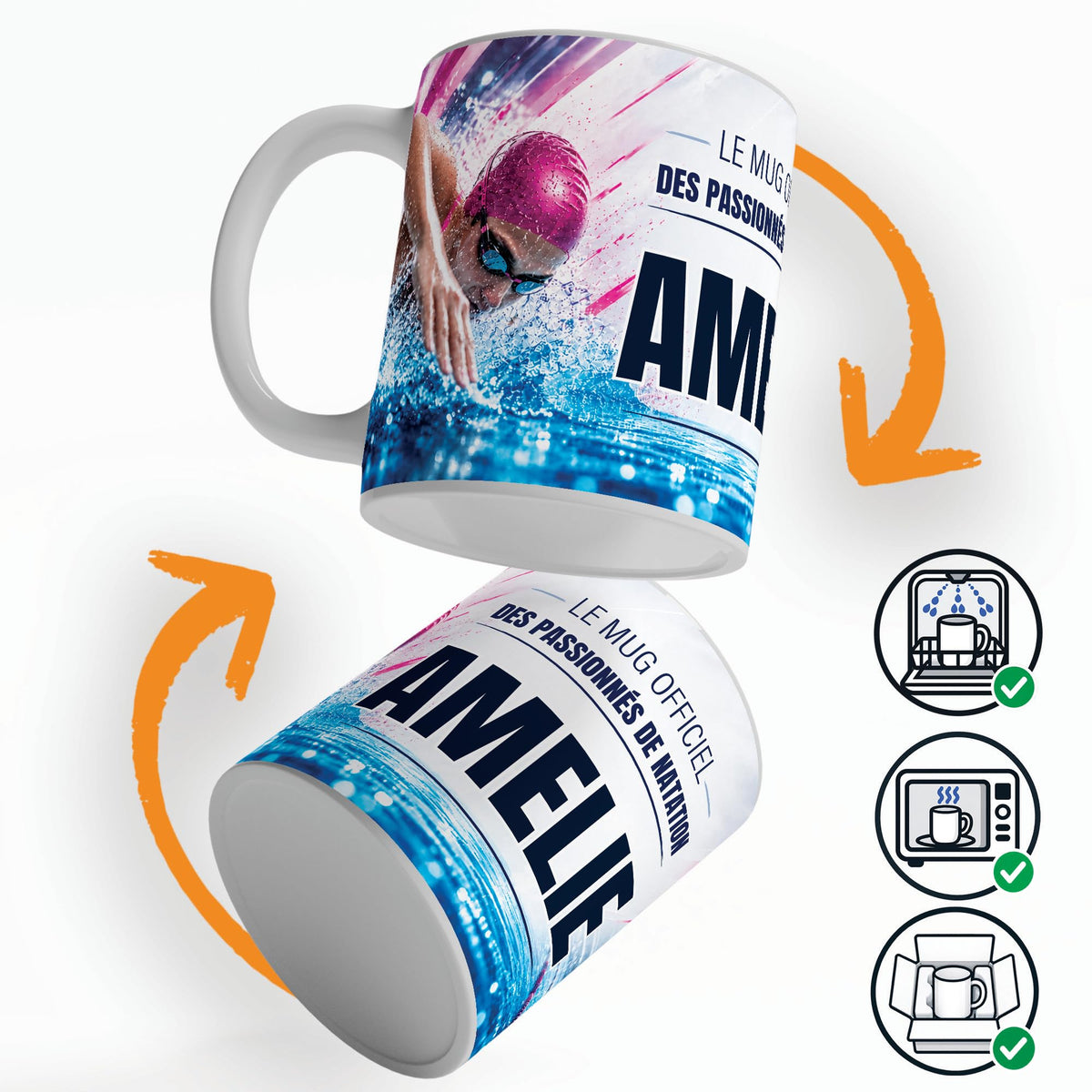Mug natation femme vu sous deux angles, prénom et texte au choix ; compatible lave-vaisselle et micro-ondes, expédié calé dans une boîte en carton jusque chez vous (exemple)