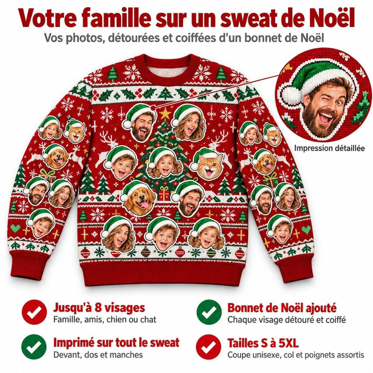 Sweat de Noël rouge unisexe : jusqu'à 8 visages détourés et coiffés d'un bonnet, imprimés sur le devant, le dos et les manches, tailles S à 5XL, livré chez vous (exemple)