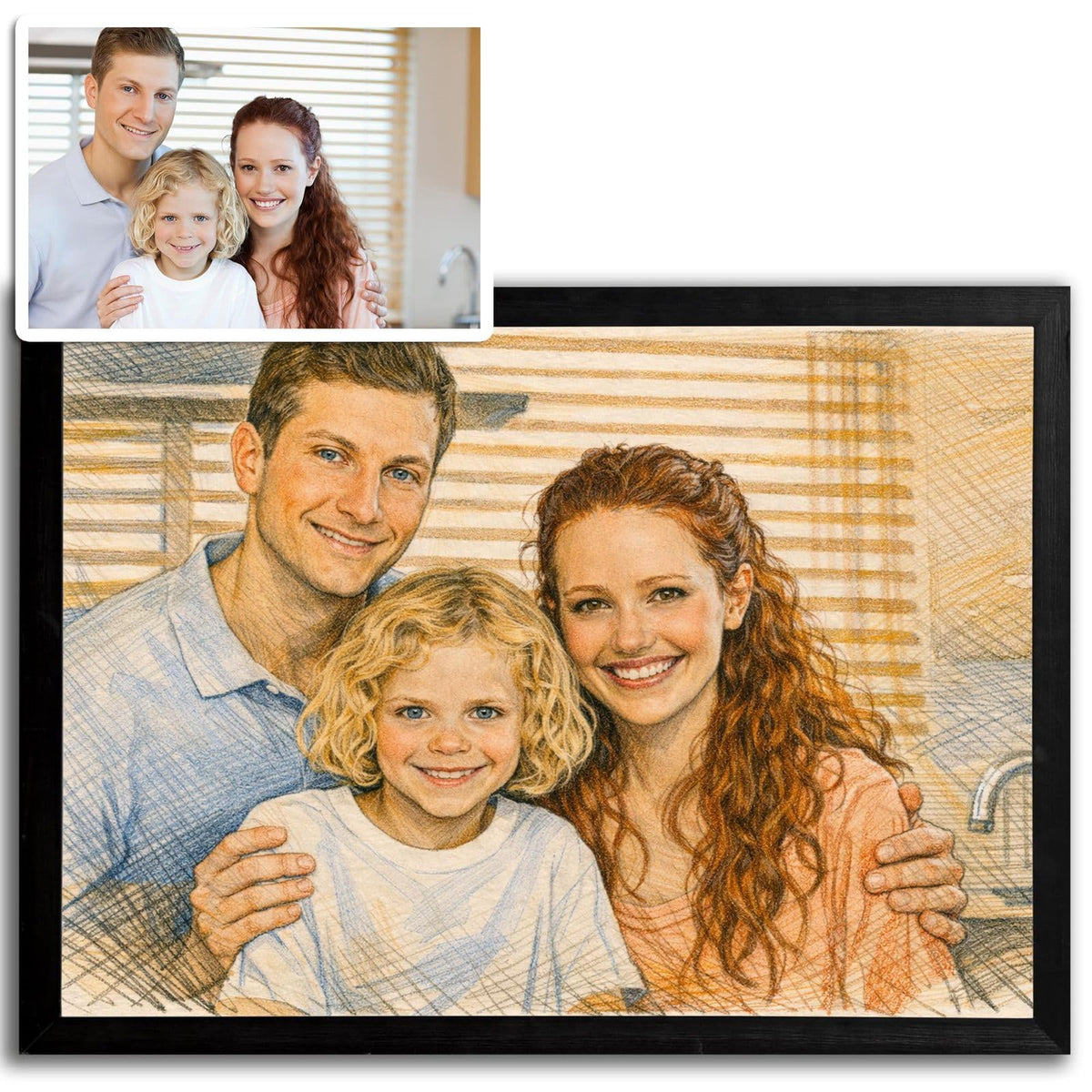 Portrait au crayon de couleur d'après votre photo, lumière douce et hachures colorées, présenté en cadre noir paysage à côté de la photo d'origine, livré chez vous (exemple)