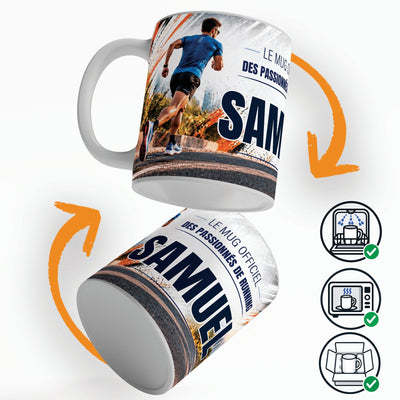 Mug running vu sous deux angles, prénom et texte au choix ; compatible lave-vaisselle et micro-ondes, expédié calé dans une boîte en carton jusque chez vous (exemple)