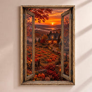 Déco Halloween en trompe-l'œil : une ferme d'automne au milieu des citrouilles au coucher du soleil, par une fenêtre en bois rustique, sur toile canvas tendue ou plexiglas, livrée chez vous (exemple)