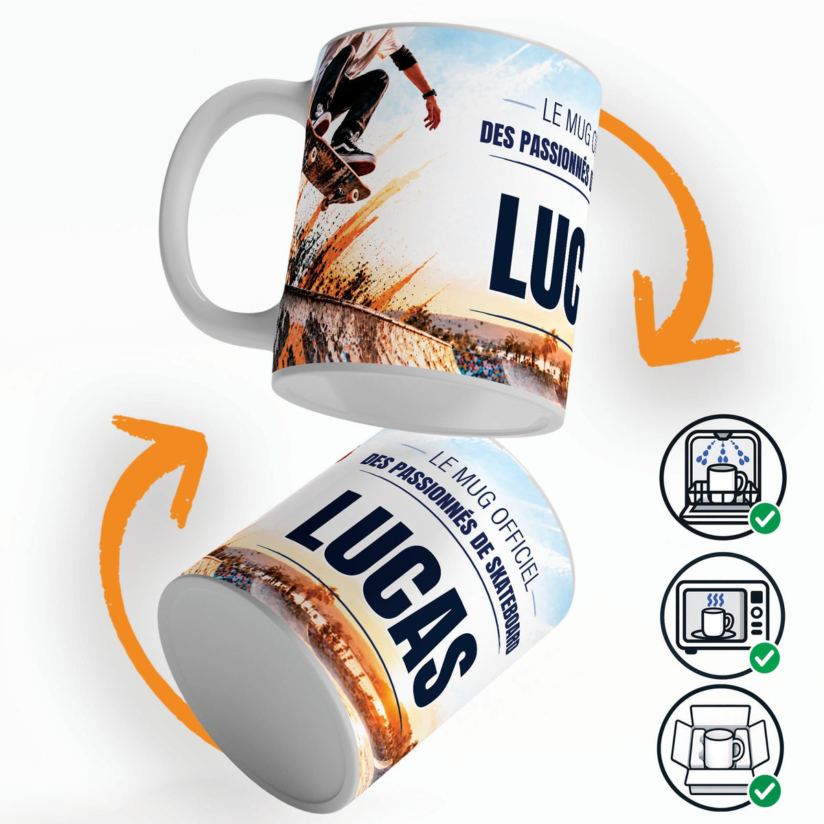 Mug skateboard vu sous deux angles, prénom et texte au choix ; compatible lave-vaisselle et micro-ondes, expédié calé dans une boîte en carton jusque chez vous (exemple)