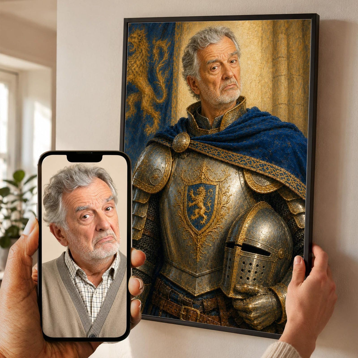 Portrait en chevalier façon tableau de maître d'après votre photo, heaume sous le bras et tenture brodée, en cadre noir, aussi en blanc, bois clair ou bois foncé, livré chez vous (exemple)