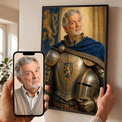 Portrait en chevalier façon tableau de maître d'après votre photo, heaume sous le bras et tenture brodée, en cadre noir, aussi en blanc, bois clair ou bois foncé, livré chez vous (exemple)