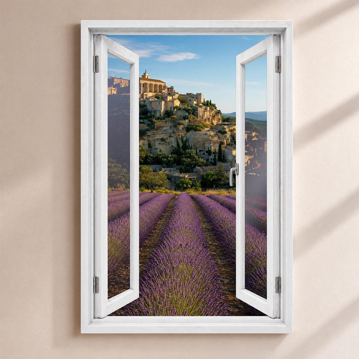 Trompe-l'œil sur Gordes : le village perché sur son rocher au-dessus d'un champ de lavande, par une fenêtre blanche ouverte, sur toile canvas tendue ou plexiglas, livré chez vous (exemple)