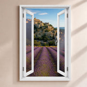 Trompe-l'œil sur Gordes : le village perché sur son rocher au-dessus d'un champ de lavande, par une fenêtre blanche ouverte, sur toile canvas tendue ou plexiglas, livré chez vous (exemple)