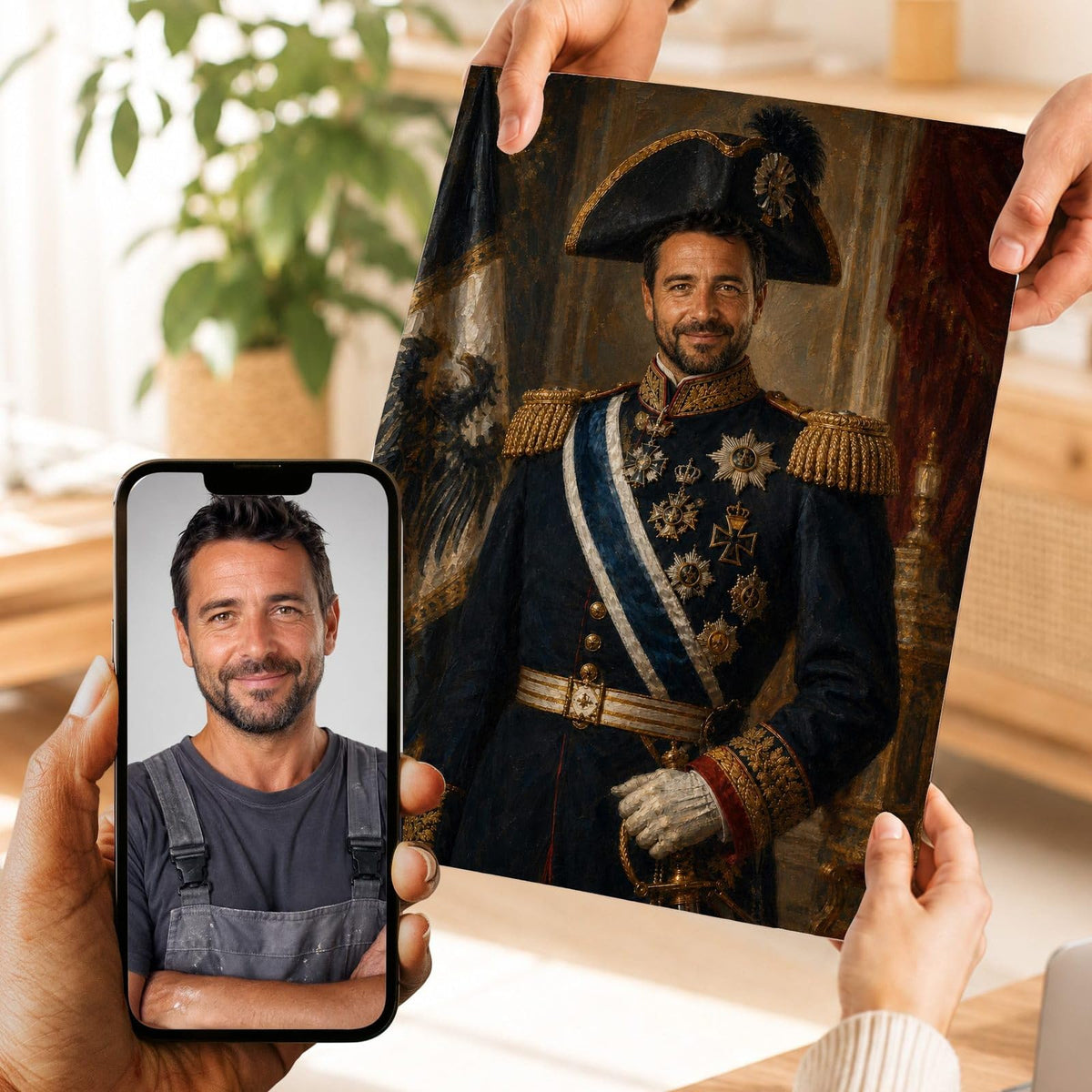 Création personnalisée : votre visage en officier prussien, uniforme bleu nuit et épaulettes dorées, imprimée en affiche (poster), livrée chez vous ; photo d'origine sur le téléphone (exemple)