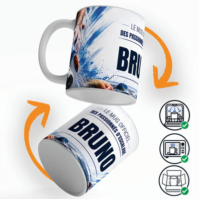 Mug escalade en salle personnalisé qui tourne sur lui-même, avec trois pictogrammes : lave-vaisselle, micro-ondes et mug calé dans son emballage pour la livraison chez vous (exemple)