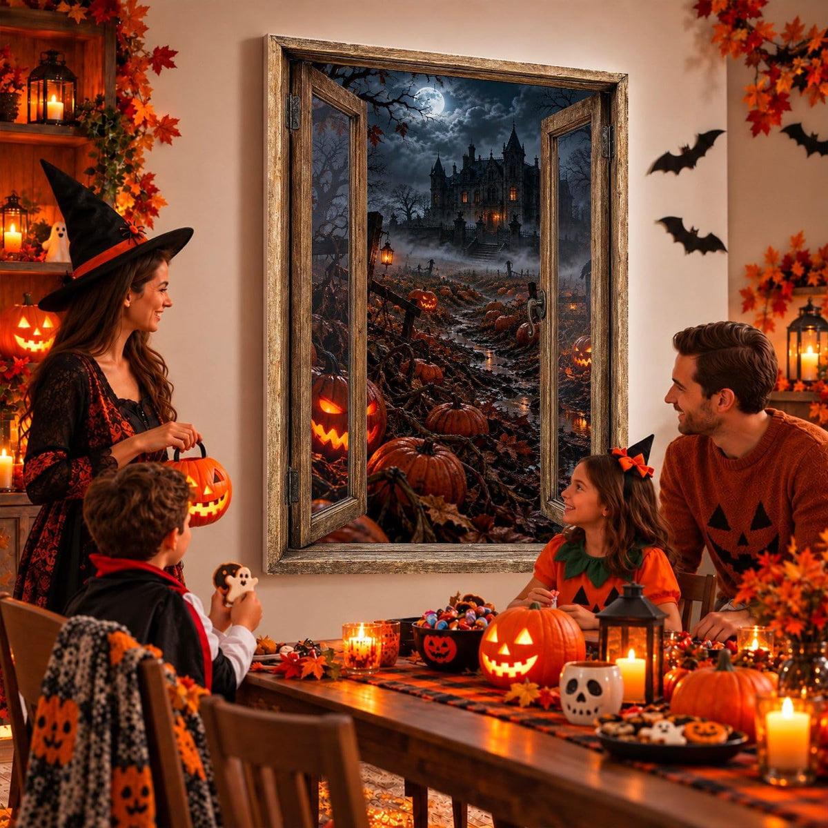 Idée d'usage : un goûter d'Halloween face au champ de citrouilles et au manoir gothique au loin, sur toile ou plexiglas en 60 x 40 cm, 80 x 60 cm ou 120 x 80 cm, fenêtre au choix, livré (exemple)