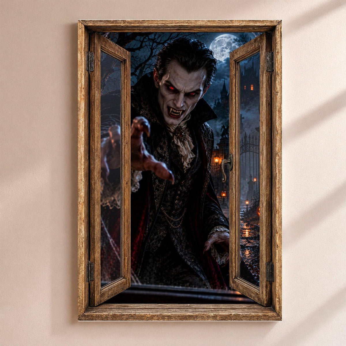 Déco Halloween en trompe-l'œil : un vampire aux yeux rouges qui tend ses griffes sous la pleine lune, par une fenêtre en bois rustique, sur toile canvas tendue ou plexiglas, livrée chez vous (exemple)