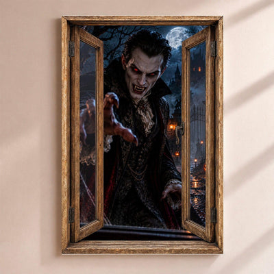Déco Halloween en trompe-l'œil : un vampire aux yeux rouges qui tend ses griffes sous la pleine lune, par une fenêtre en bois rustique, sur toile canvas tendue ou plexiglas, livrée chez vous (exemple)