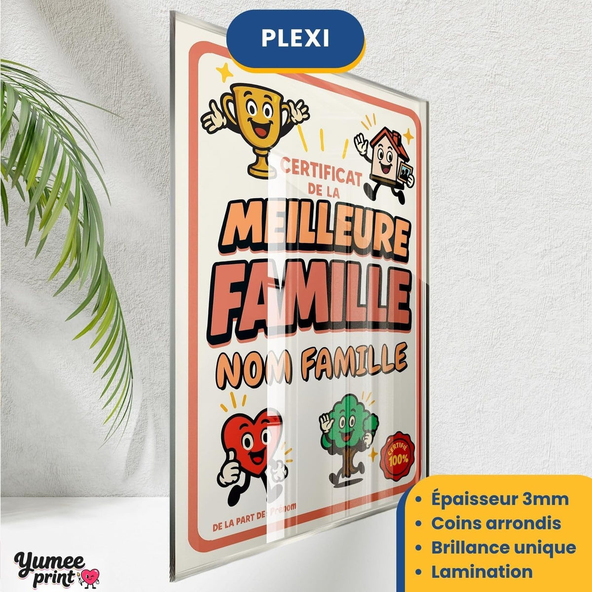 Certificat de la meilleure famille sur plexiglas de 3 mm aux coins arrondis, finition brillante, avec le nom de famille et votre signature, livré chez vous (exemple)