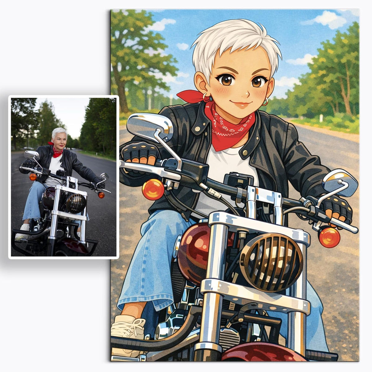 Votre photo devient une illustration style manga aux couleurs douces et contours nets, imprimée en affiche (poster) et livrée chez vous ; photo d'origine à côté (exemple)