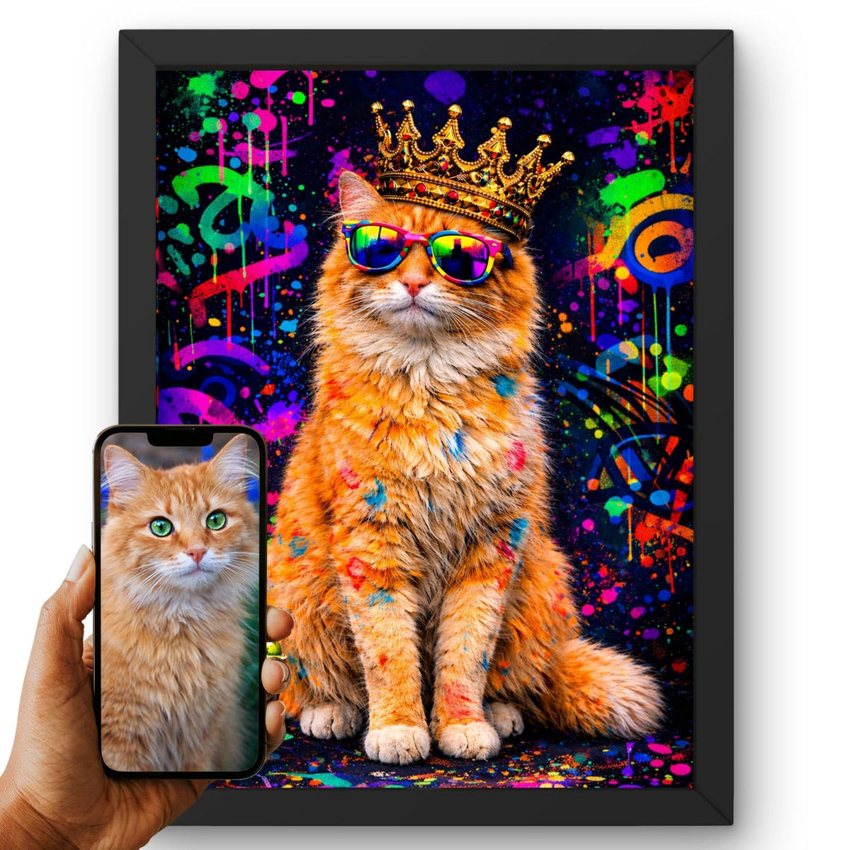 Création personnalisée : vous envoyez la photo de votre chat, elle devient un portrait night fluo street art, graffitis fluo sur fond noir, imprimé en cadre noir puis livré chez vous (exemple)