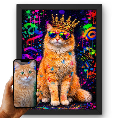 Création personnalisée : vous envoyez la photo de votre chat, elle devient un portrait night fluo street art, graffitis fluo sur fond noir, imprimé en cadre noir puis livré chez vous (exemple)