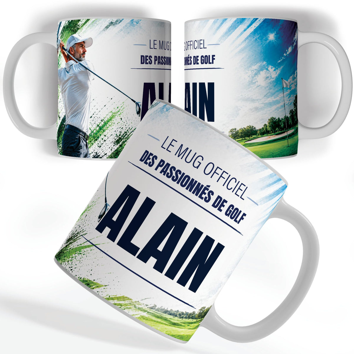 Mug golf personnalisé avec prénom, vu sous trois angles : un golfeur qui termine son swing, décor imprimé à 360° sur céramique blanche ; livré chez vous (exemple)