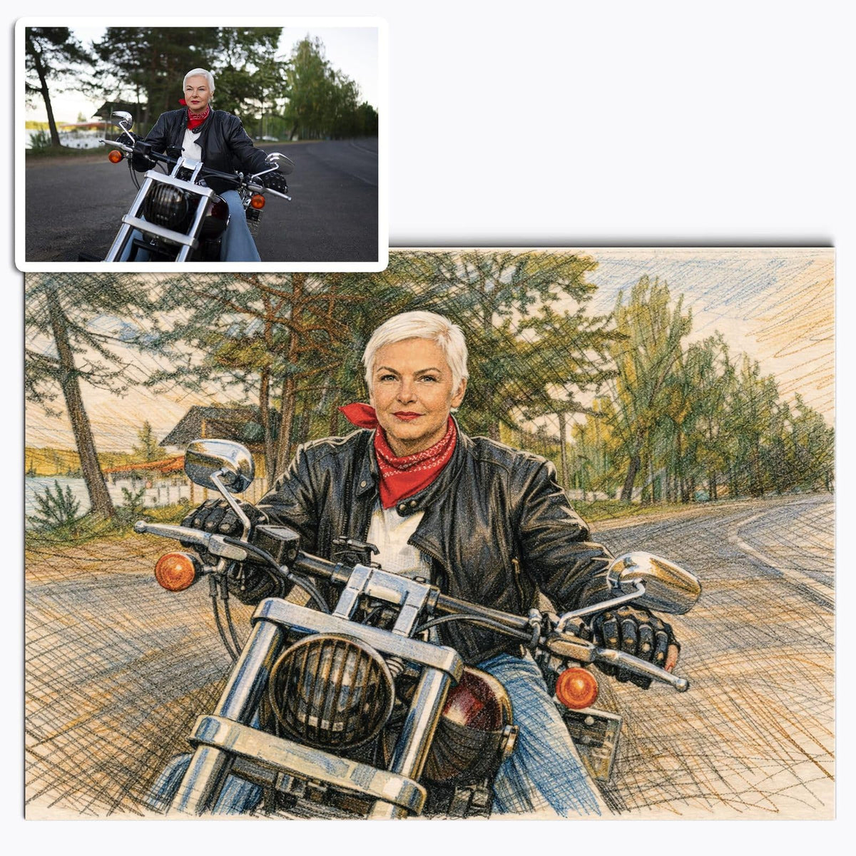 Votre photo transformée en portrait au crayon de couleur au format paysage, traits croisés bleus et ocre, imprimé en affiche (poster) et livré chez vous (exemple)